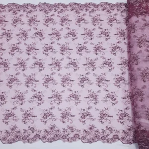 SCALLOPED BEADED LACE WITH FLORAL DESIGN WINE