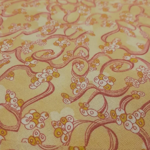 PRINTED RAYON COTTON LINEN SWIRLED LEMON YELLOW AND PINK