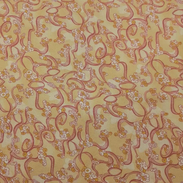 PRINTED RAYON COTTON LINEN SWIRLED LEMON YELLOW AND PINK