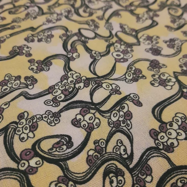 PRINTED RAYON COTTON LINEN SWIRLED LEMON YELLOW AND LILAC