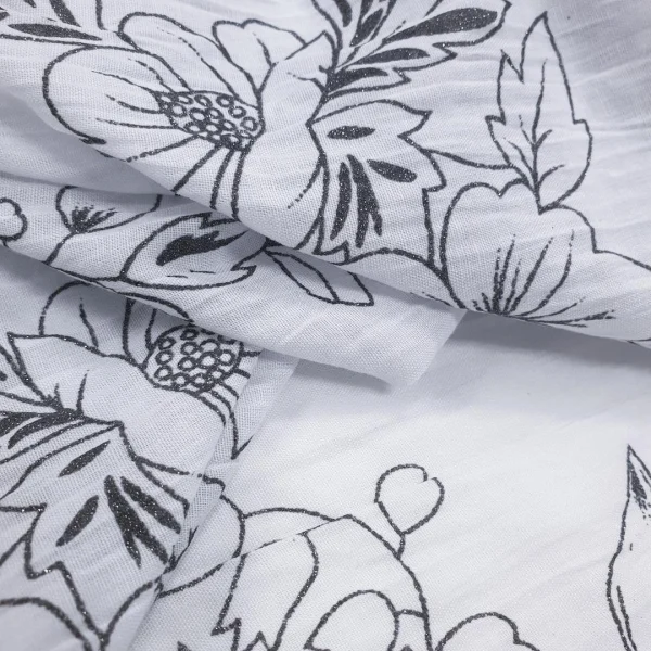 PRINTED CRUSHED COTTON VOILE FLORAL FOIL DETAIL WHITE AND CHOCOLATE BROWN
