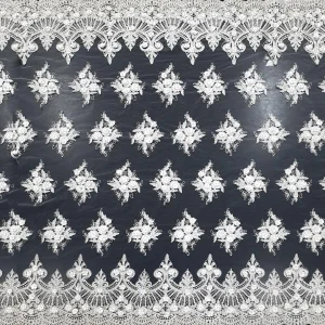 BORDER CORDED APPLIQUE LACE WITH 3D FLOWERS IVORY WHITE