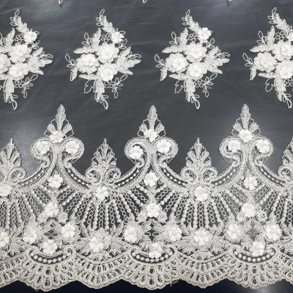 BORDER CORDED APPLIQUE LACE WITH 3D FLOWERS IVORY WHITE