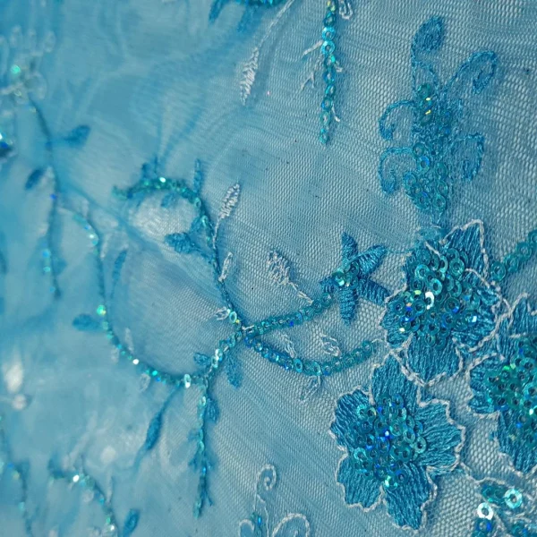 EMBROIDERED SCALLOPED TULLE WITH SEQUINS-FLORAL DESIGN TURQUOISE BLUE