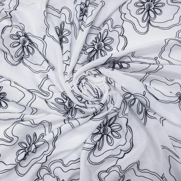 EMBROIDERED CRUSHED GAUZE VOIL FLORAL WHITE