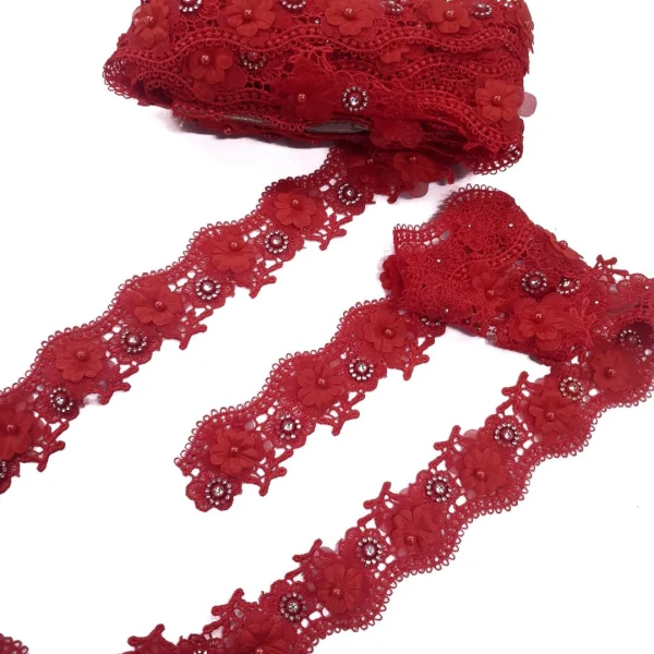 FLOWER TRIM LACE BEADED DIAMANTE RED