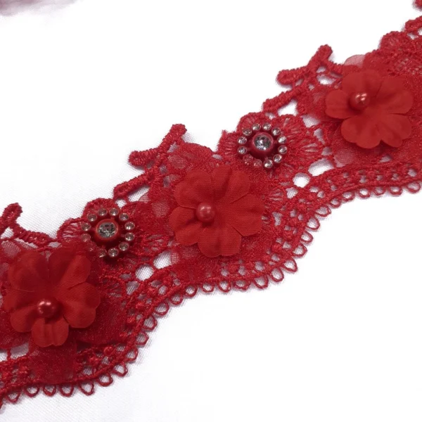 FLOWER TRIM LACE BEADED DIAMANTE RED