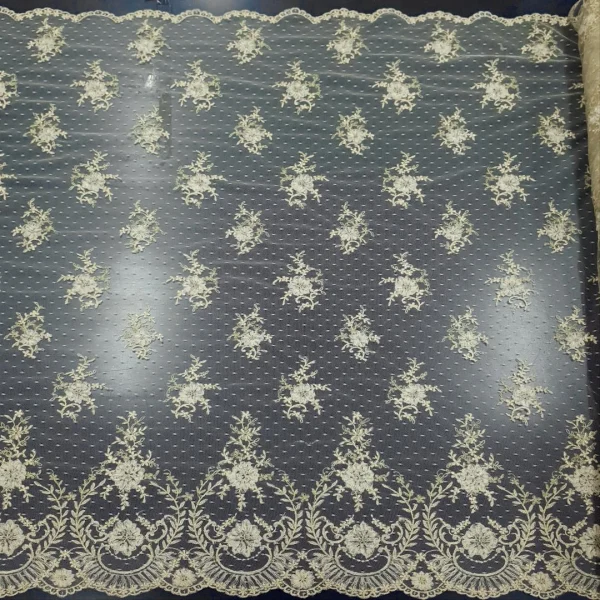 MESH LACE WITH RIBBON SQUARE EMBROIDERY BEIGE