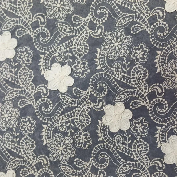 ORGANZA HEAVY  EMBROIDERY CREAM WITH RIBBON DETAIL WHITE
