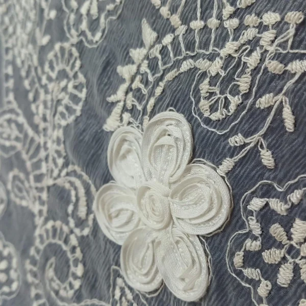 ORGANZA HEAVY  EMBROIDERY CREAM WITH RIBBON DETAIL WHITE