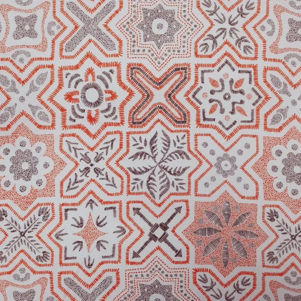 RAYON CHALLIS PRINT GEOMETRIC FLO ORANGE n WHITE