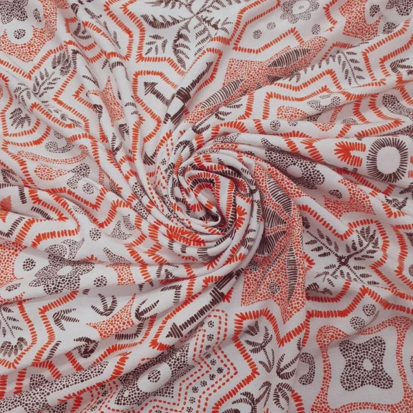 RAYON CHALLIS PRINT GEOMETRIC FLO ORANGE n WHITE
