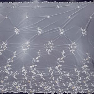 TULLE BRIDAL BORDER CORDED WITH BEAD DETAIL 1 ?SMALL FLORAL? WHITE