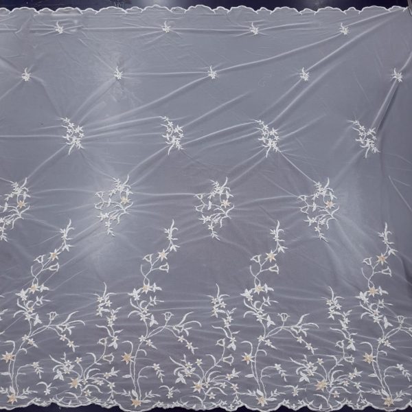 TULLE BRIDAL BORDER CORDED WITH BEAD DETAIL 1 ?SMALL FLORAL? WHITE