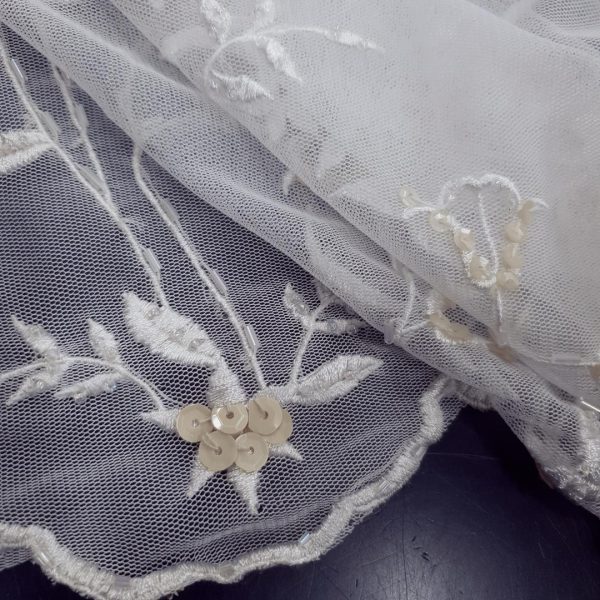 TULLE BRIDAL BORDER CORDED WITH BEAD DETAIL 1 ?SMALL FLORAL? WHITE