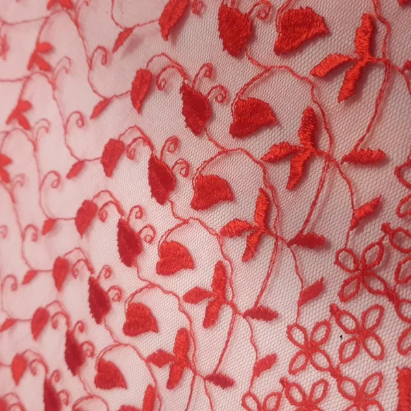 TULLE BORDER EMBROIDERY RED HEARTS