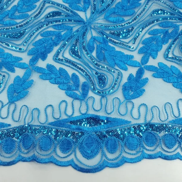 TULLE CORDED AND SEQUINS LEAF TURQUOISE BLUE