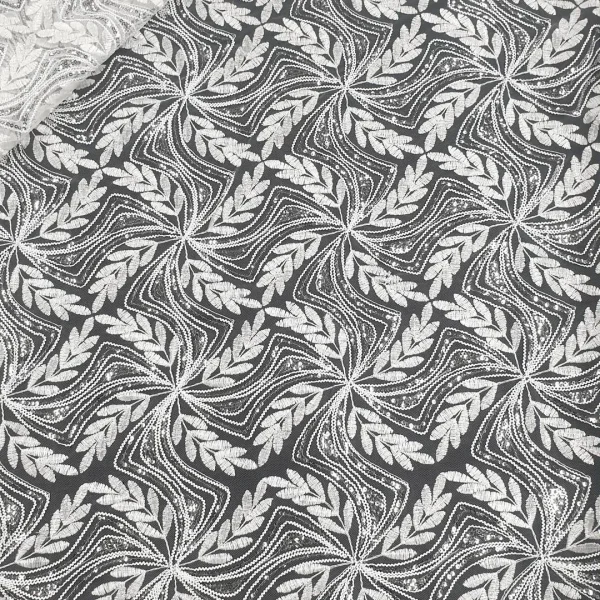 TULLE CORDED AND SEQUINS LEAF WHITE