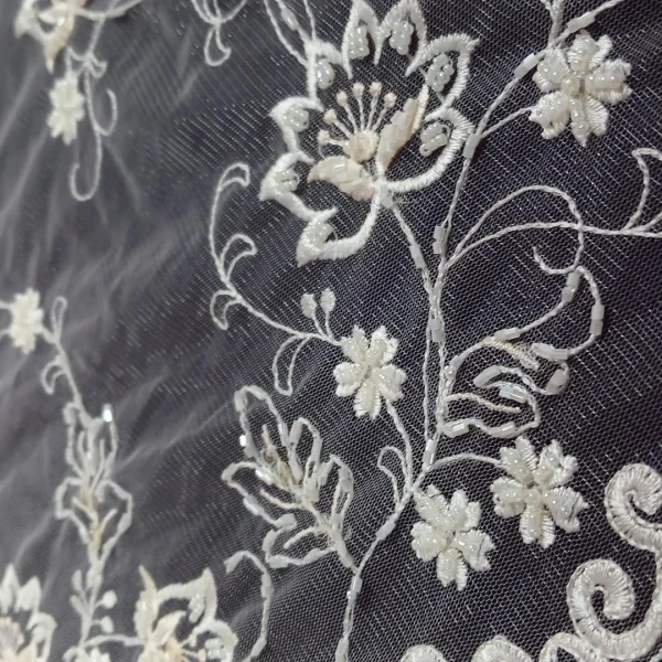 TULLE WITH TWO TONE EMBROIDERY AND BEADS IVORY