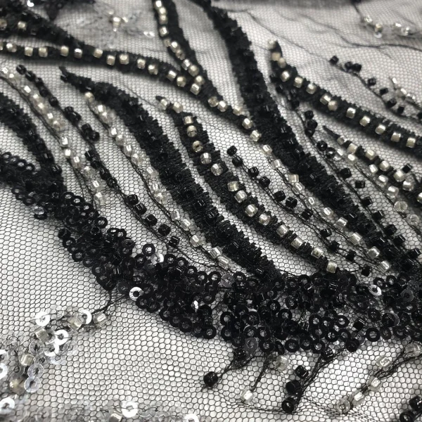 TULLE BRIDAL LACE HEAVY BEADED 2TONE-FEATHER BLACK