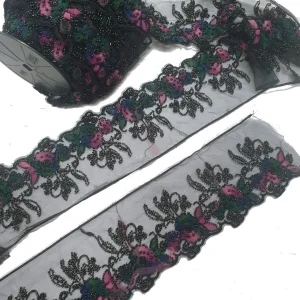FANCY TRIM BEADED LACE BLACK n MULTI