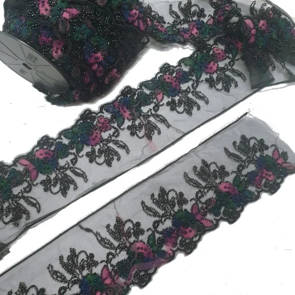 FANCY TRIM BEADED LACE BLACK n MULTI